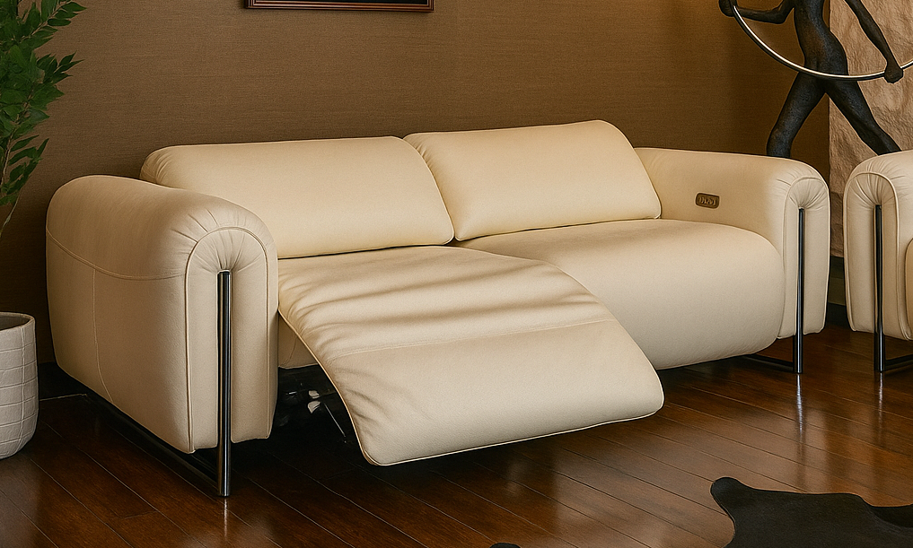 Allo Home seating vignette with artwork.